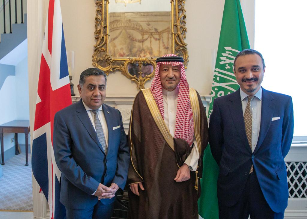 Saudi Deputy Foreign Minister Waleed Al-Khuraiji is pictured with Prince Khalid bin Bandar and Lord Tariq Ahmad of Wimbledon in London. (SPA)