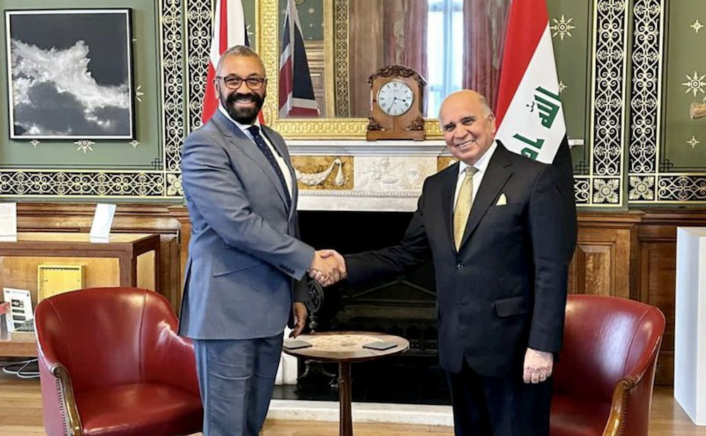 The meeting between James Cleverly and Fuad Hussein, who is also Iraqi deputy prime minister, reaffirmed the commitment of the two countries to work together. (Iraqi MOFA)