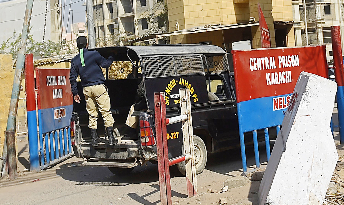 A police vehicle leaves the Central Prison Karachi in Karachi, Pakistan, on Jan. 28, 2021. (File/AFP)