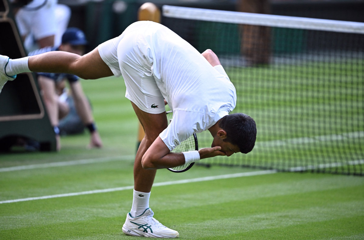 Serbia's Novak Djokovic celebrates after winning his second round match against Australia's Jordan Thompson at the 2023 Wimbledon Championships at The All England Tennis Club in Wimbledon, southwest London, on Wednesday. (Reuters)