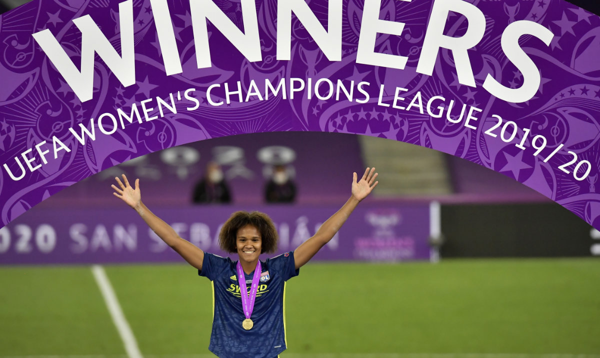 Lyon's team captain Wendie Renard after winning the Women's Champions League final against Wolfsburg on Aug. 30, 2020. The Women's World Cup, co-hosted by New Zealand, kicks off on July 20, which is also when Renard turns 33. (File/AP)