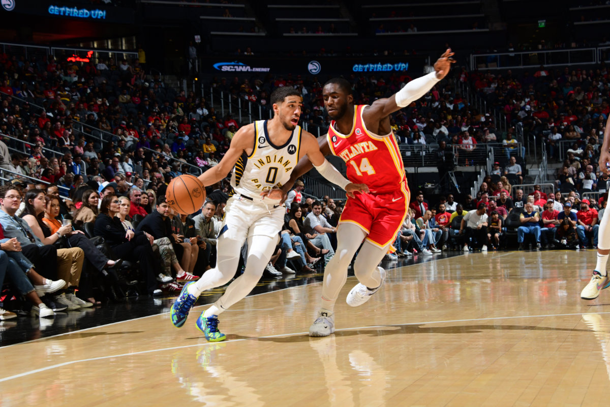 Indiana Pacers point guard Tyrese Haliburton, left, is one of just four players who have been selected as All Stars in Team USA's Fiba World Cup bid. (File/AFP)