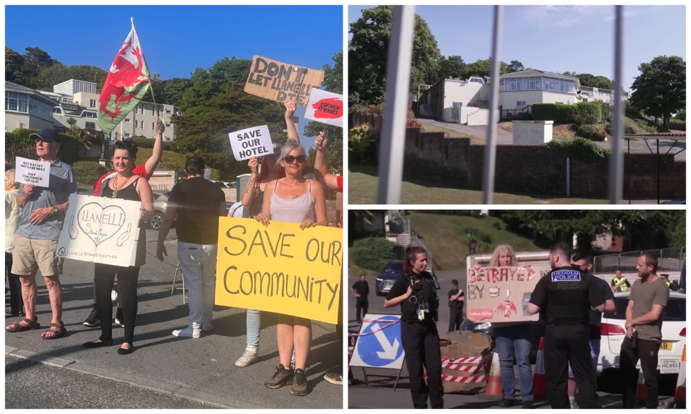 Protests erupted outside the Stradey Park Hotel in the Welsh town of Llanelli, which was being used by the UK Home Office to house asylum seekers. (Screenshots/ITVX/Channel 4)