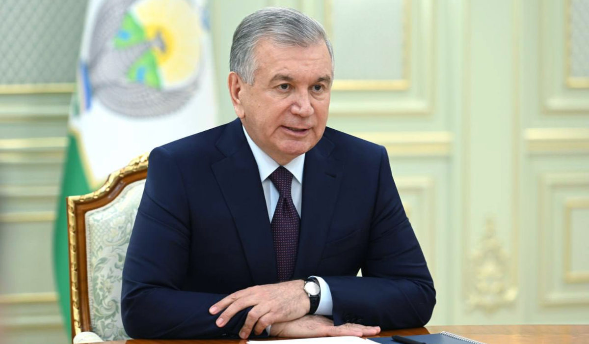 In this photo released by the Uzbekistan's Presidential Press Office, Uzbekistan's President Shavkat Mirziyoyev speaks during a meeting in Tashkent, Uzbekistan, Friday, April 28, 2023. (AP)