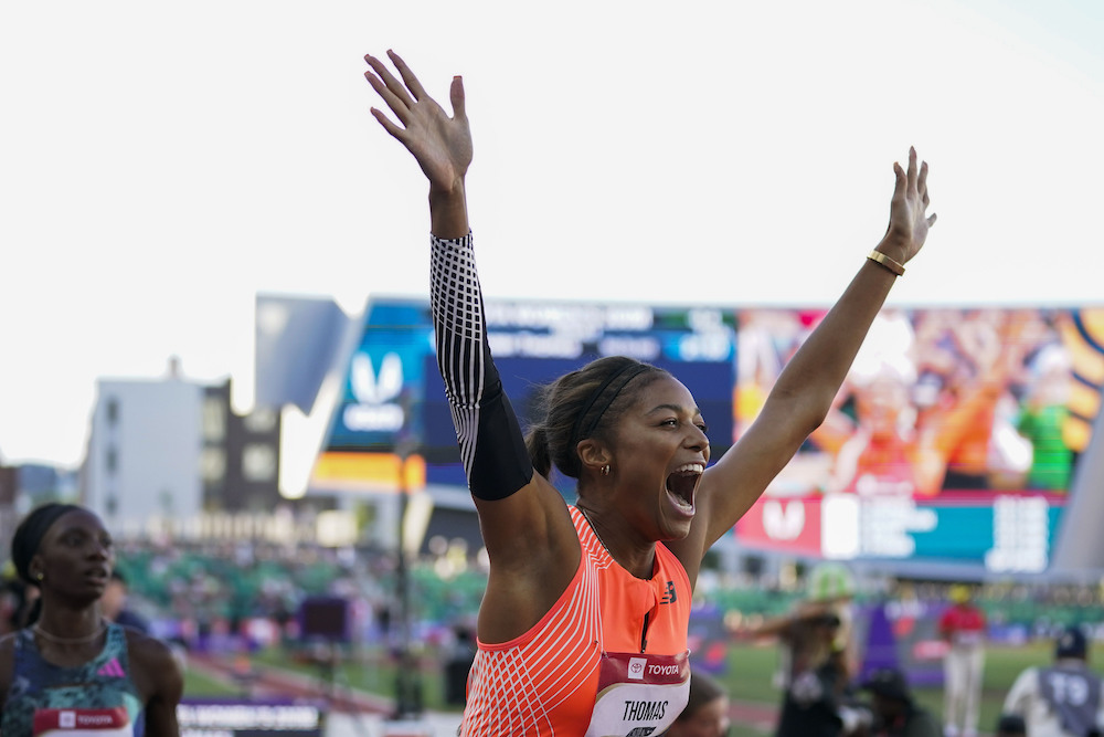 Gabby Thomas reacts after winning the women’s 200 meters final during the US track and field championships in Eugene, Oregon Sunday. (AP)