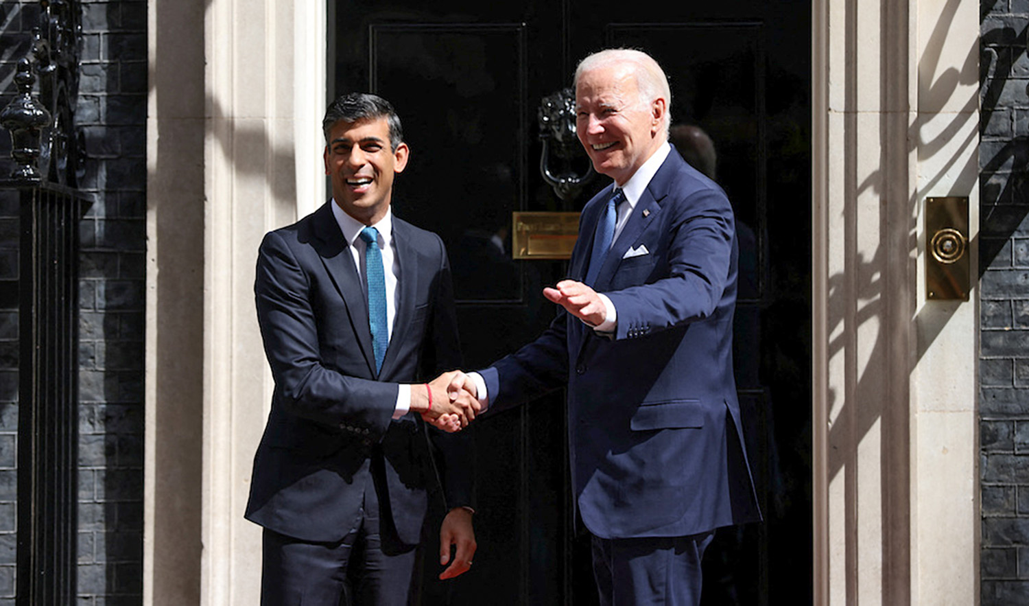 British prime minister Rishi Sunak greets US president Joe Biden at 10 Downing Street in London on July 10, 2023. (REUTERS)