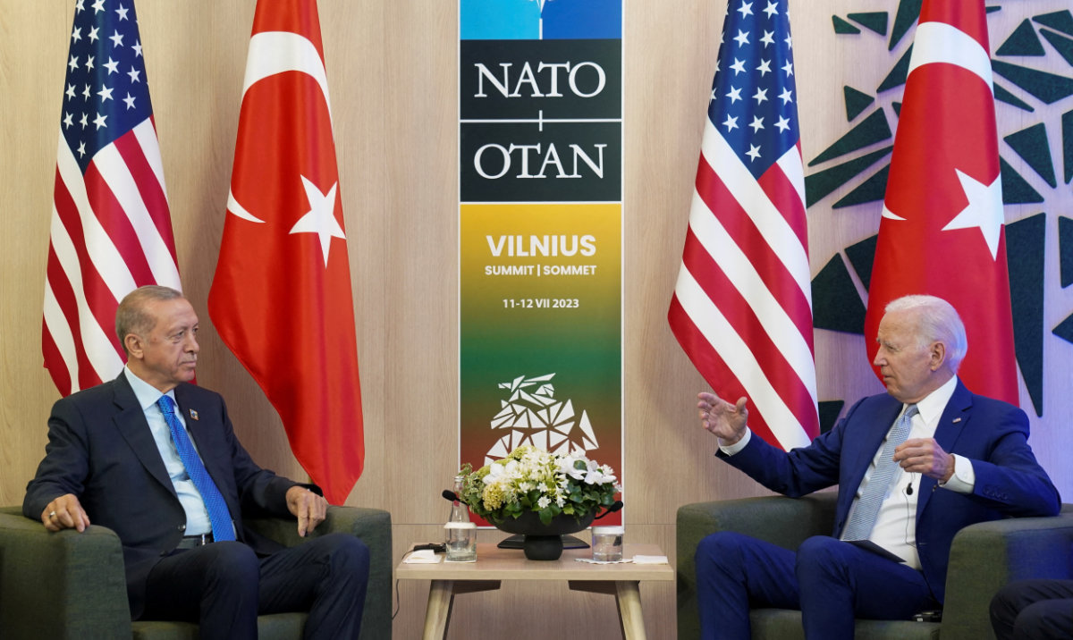 US President Joe Biden meets with Turkish President Recep Tayyip Erdogan at the NATO summit in Vilnius, Lithuania, July 11, 2023. (Reuters)