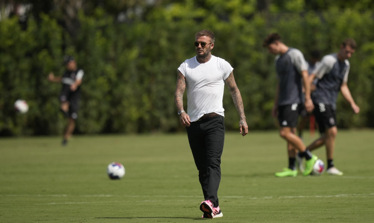 Inter Miami team co-owner David Beckham at the end of a training session for the MLS soccer team Wednesday in Fort Lauderdale, Fla. Soccer superstar Lionel Messi is expected to make his debut with the team in a match on July 21, after an introductory event on July 16. (AP)