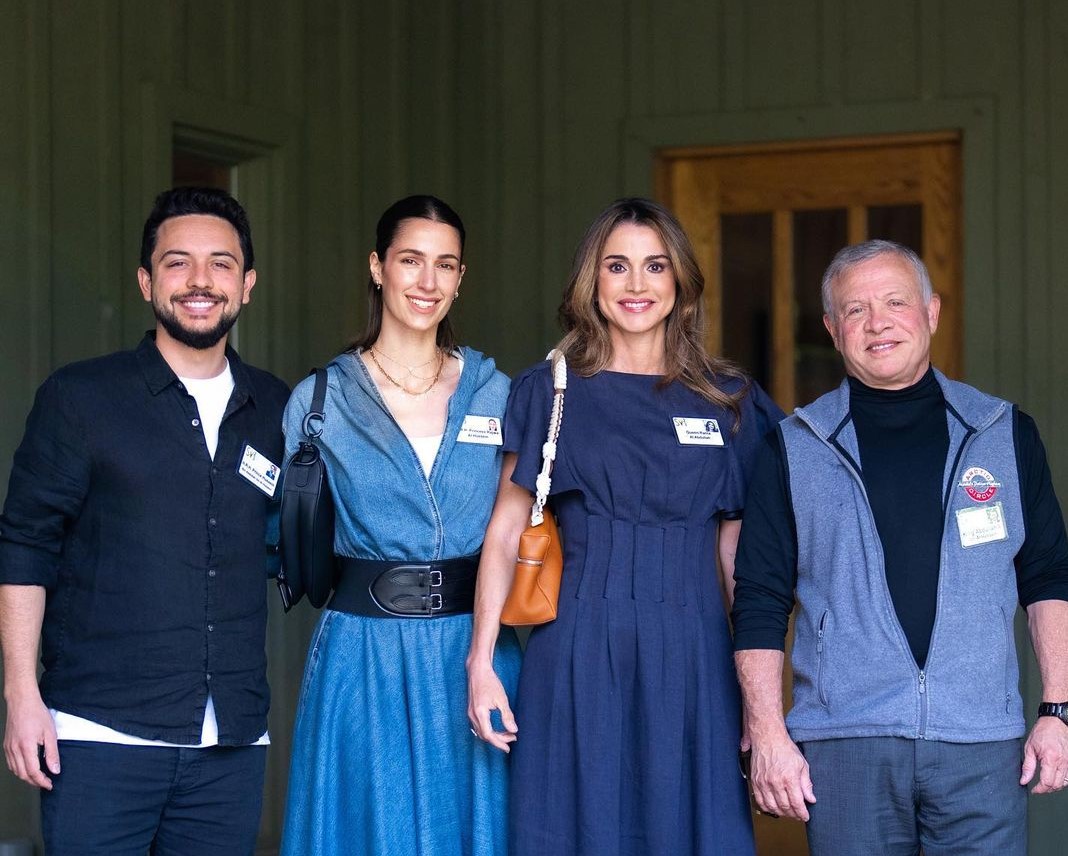 Jordan's Crown Prince Hussein bin Abdullah II, Princess Rajwa Al-Hussein, Queen Rania and King Abdullah II at Sun Valley. (Instagram)