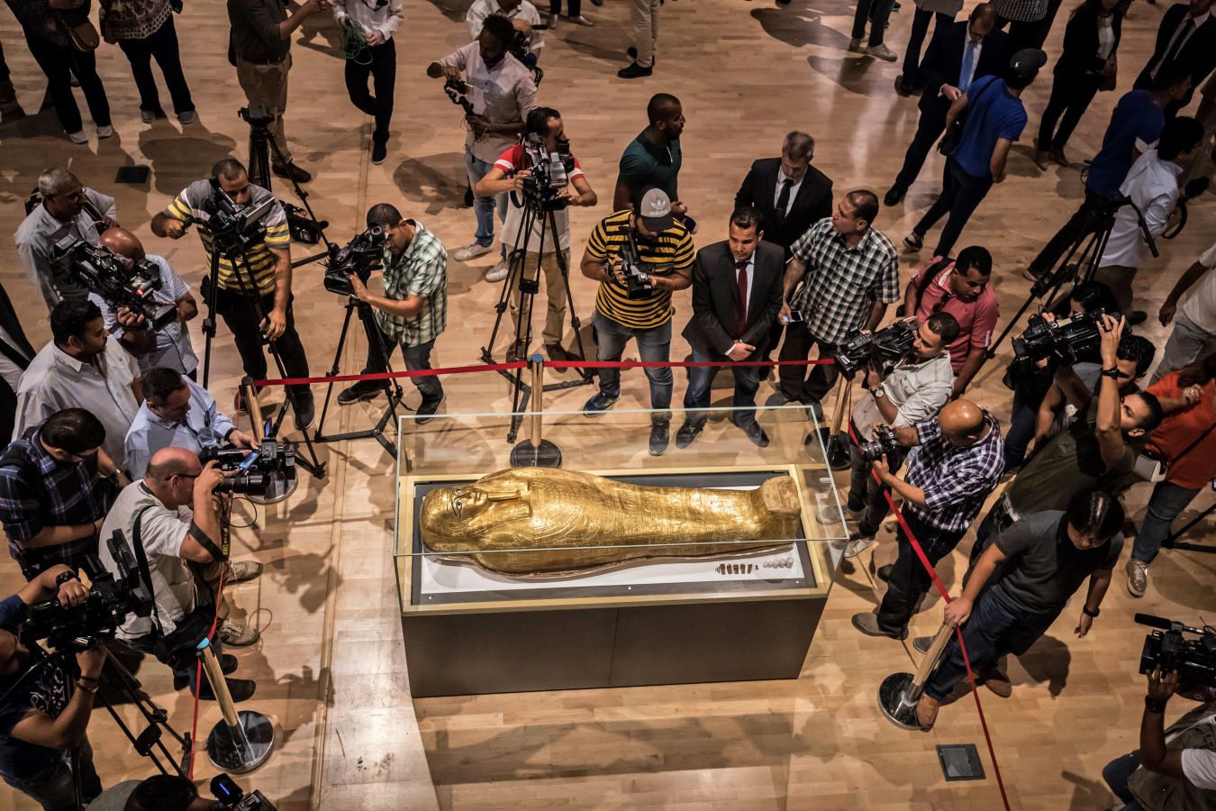 The Golden Coffin of Nedjemankh on display at the National Museum of Egyptian Civilization in Cairo, following its repatriation from the US. (AFP)