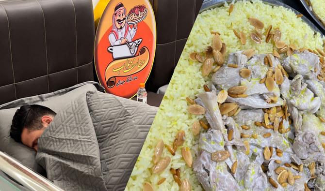 This combination of photos, created on July 15, 2023, features the Jordanian iconic dish “mansaf” (right) and a customer during during a post-meal nap nap in a restaurant in Amman. (Supplied)