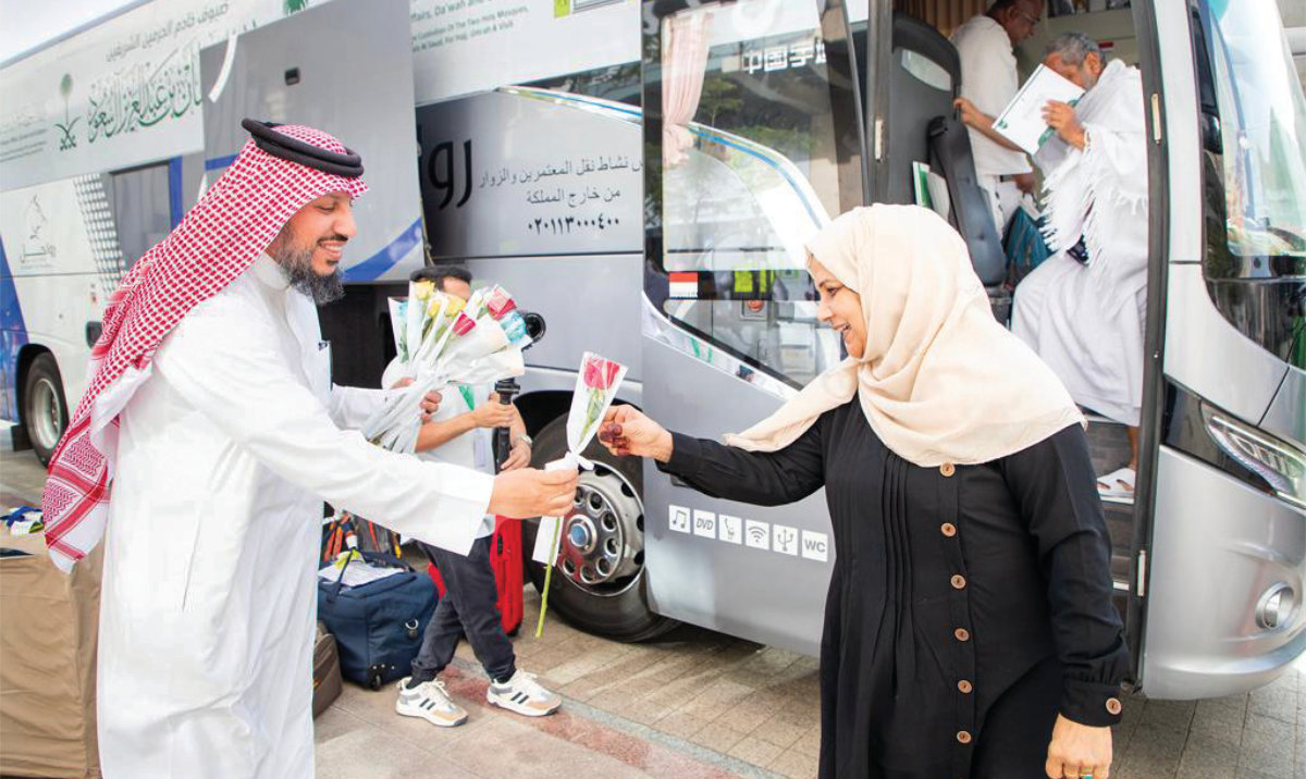 Staff members of Novotel Thakher Makkah Hotel welcome pilgrims. The hotel is all geared up for the Umrah season after the successful conclusion of the Hajj season.