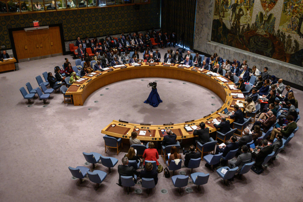 A general view shows a United Nations security council meeting on the protection of civilians in armed conflict, at the UN headquarters in New York on May 23, 2023. (AFP)