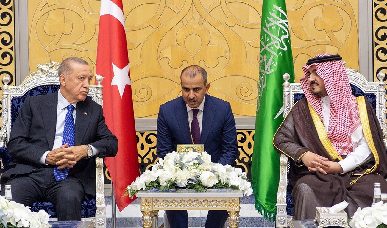 This handout picture provided by the Saudi Press Agency SPA on July 17, 2023 shows Turkish President Recep Tayyip Erdogan (L) being received by the Deputy Governor of Mecca Prince Badr bin Sultan bin Abdulaziz (R) upon his arrival in Jeddah on July 27, 2023. (AFP/File)