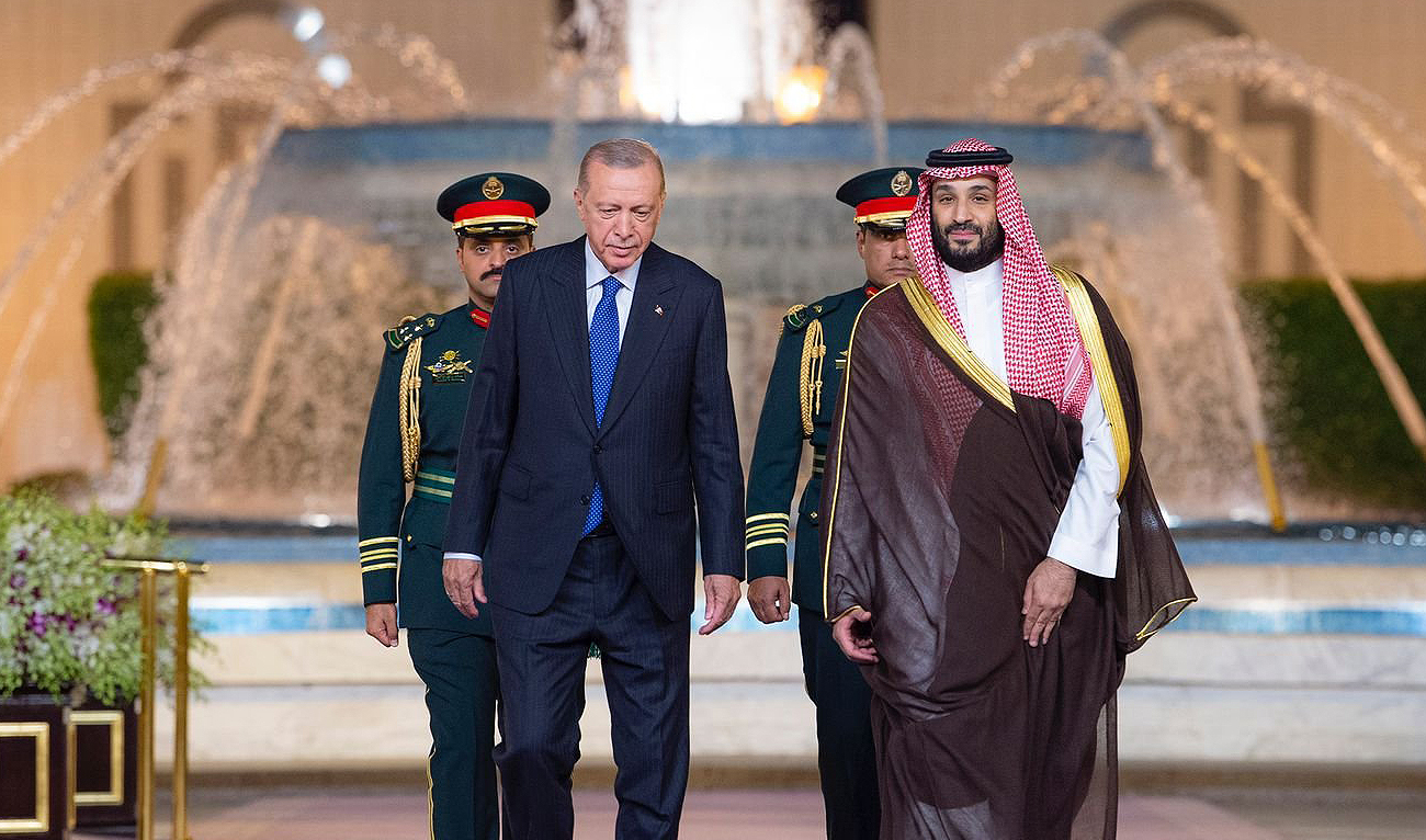 This handout picture provided by the Saudi Royal Palace shows Saudi Arabia's Crown Prince Mohammed bin Salaman (R) receiving Turkey's President Recep Tayyip Erdogan in Jeddah on July 17, 2023. (Photo courtesy: Saudi Royal Palace)