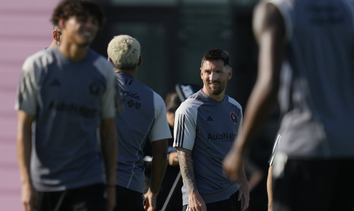 Lionel Messi, center, participates in a training session for the Inter Miami MLS soccer team Tuesday in Fort Lauderdale, Fla. (AP)
