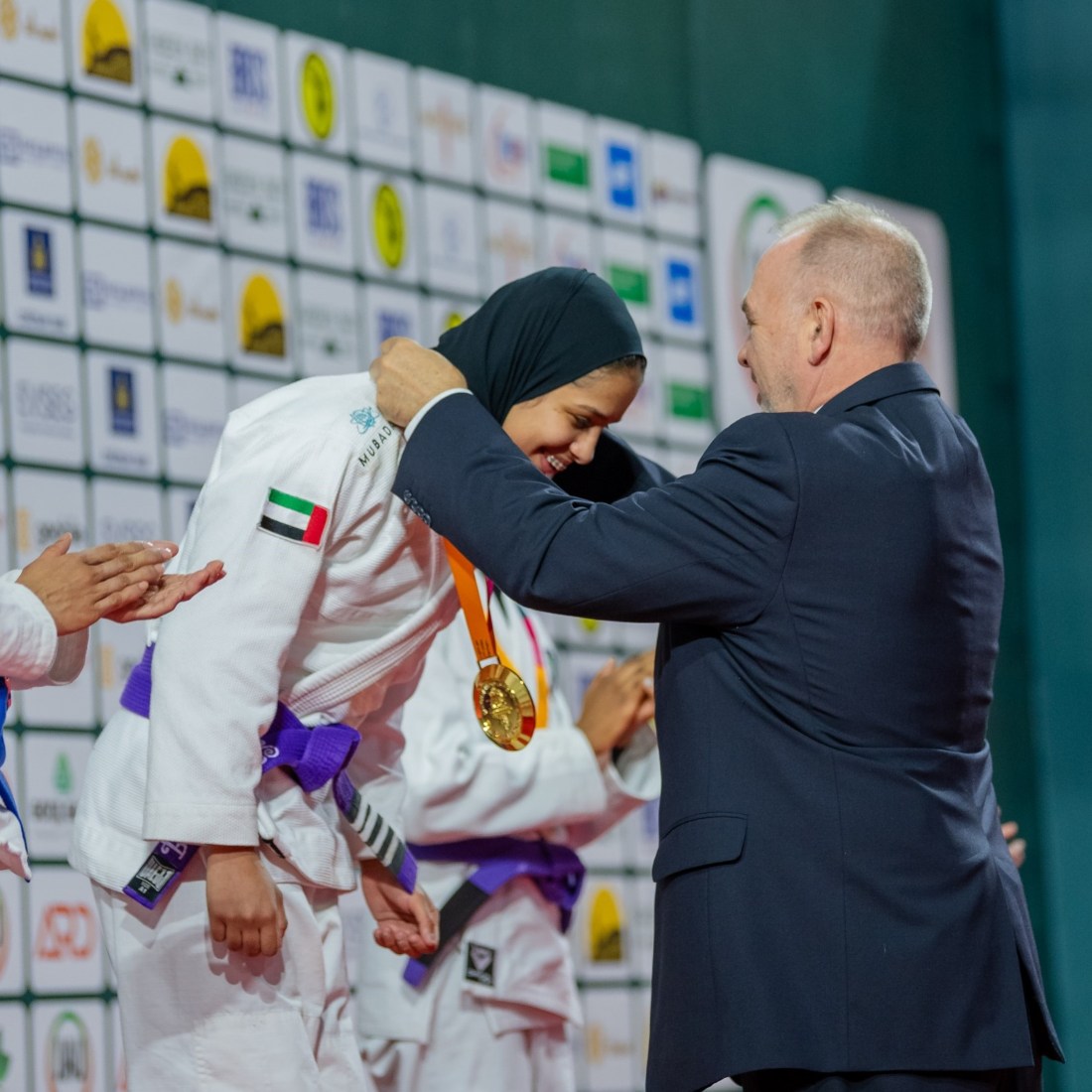 UAE's Balqees Al-Hashemi receives her gold medal at the Jiu-Jitsu World Championship in Mongolia. (UAEJJF)