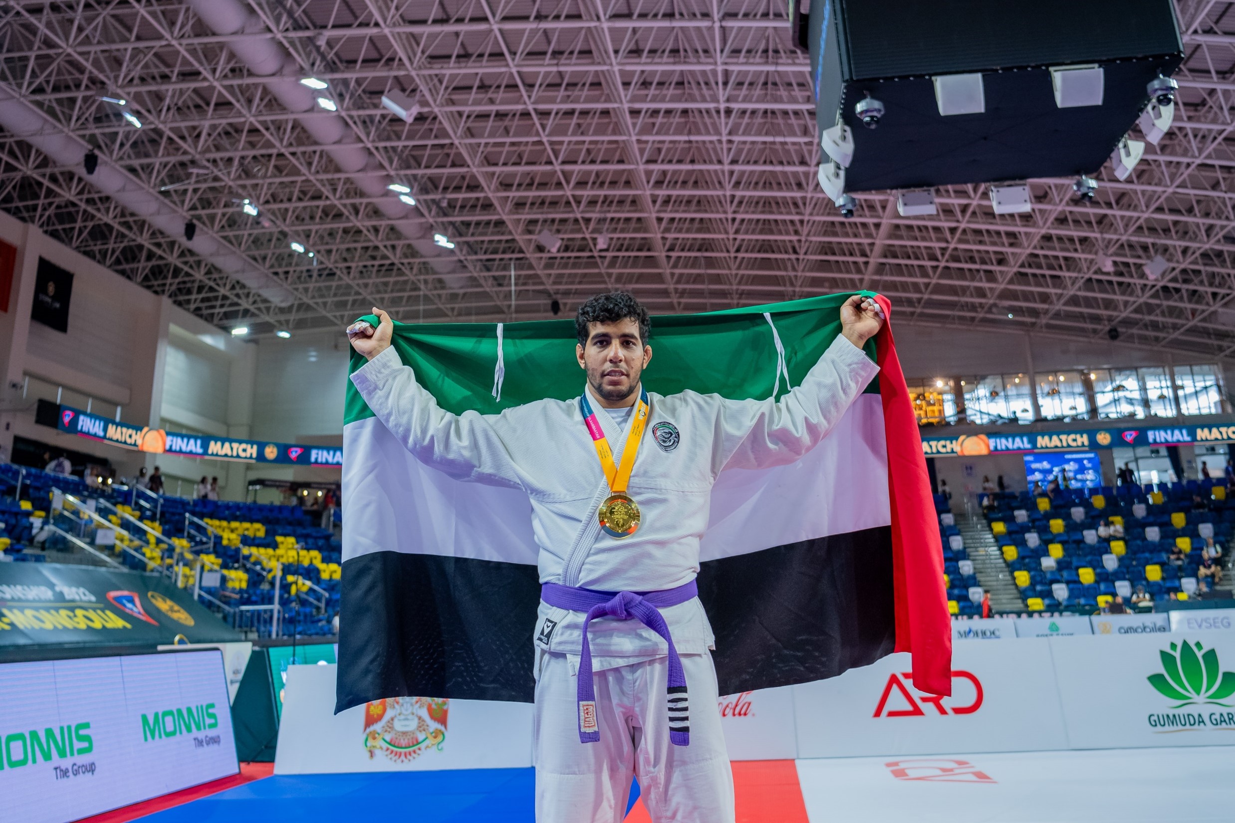 Hazza Farhan of the UAE celebrates winning gold at the Jiu-Jitsu World Championship in Mongolia. (UAEJJF)