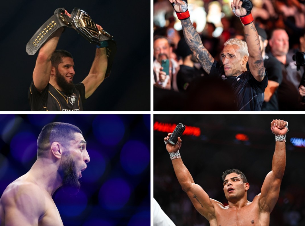 Lightweight champion Islam Makhachev (Top left) defends against Charles Oliveira (Top right), while Khamzat Chimaev (Bottom left) will take on Paulo Costa (Bottom right). (FILE/AFP)