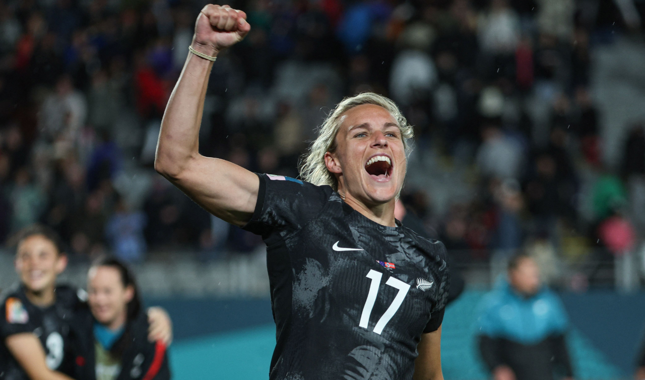 New Zealand’s forward #17 Hannah Wilkinson celebrates her team winning 2023 Women’s World Cup Group A football match against Norway at Eden Park in Auckland on July 20, 2023. (AFP)
