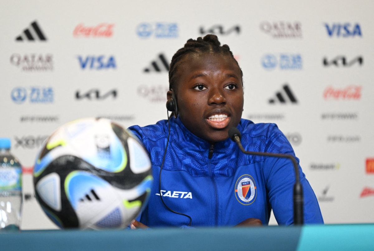 Haiti's team captain Nerilia Mondesir addresses a press conference ahead of their Women's World Cup Group D soccer match on Saturday against European champions England. (Reuters)