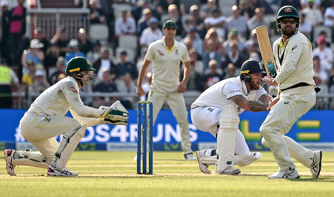 England's captain Ben Stokes, second right, reacts after playing a shot during the second day of the fourth Ashes cricket Test match between England and Australia at Old Trafford in Manchester, England, Thursday, July 20, 2023. (AP)