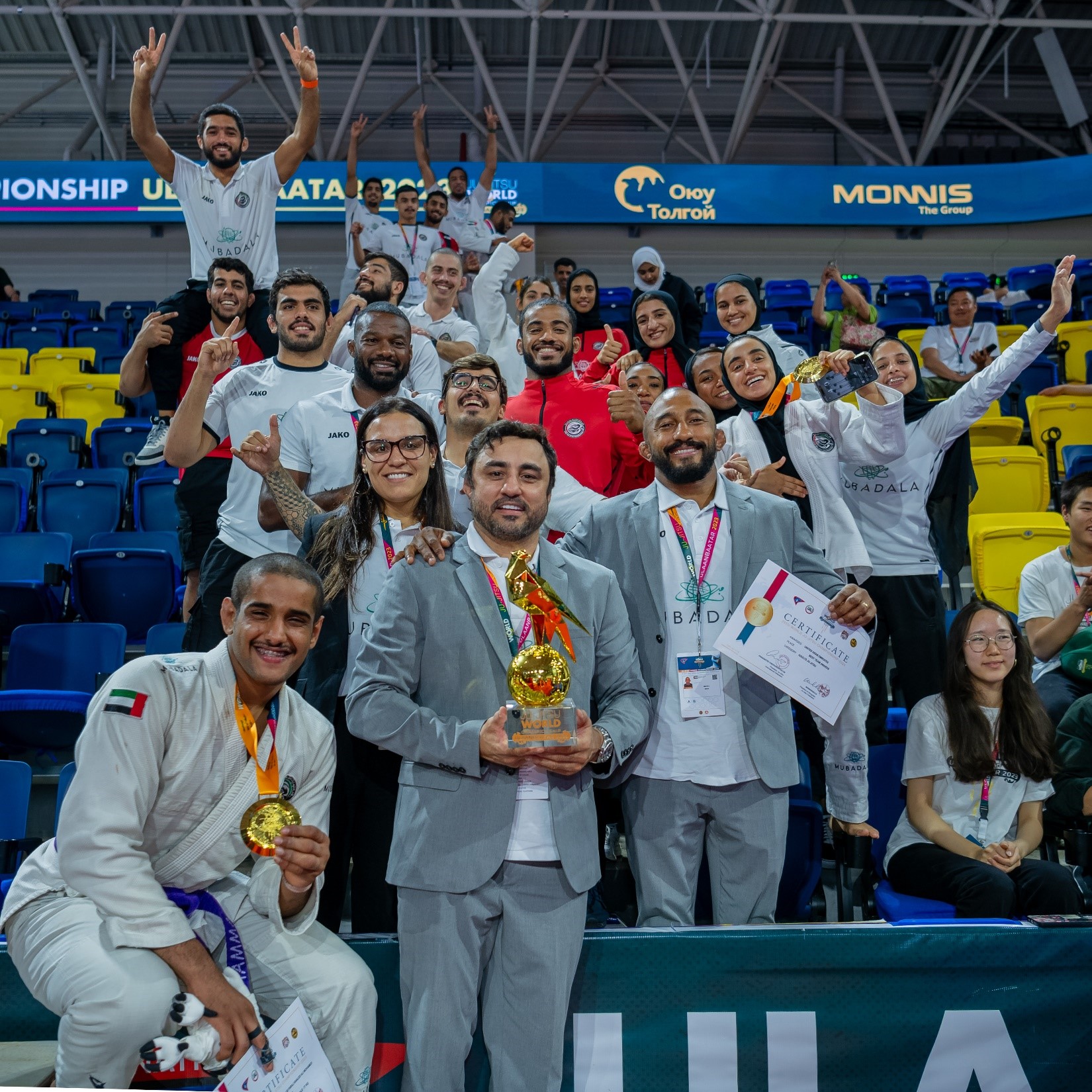 UAE athletes and officials celebrate winning the Jiu-Jitsu World Championship in Mongolia. (Supplied/UAEJJF)