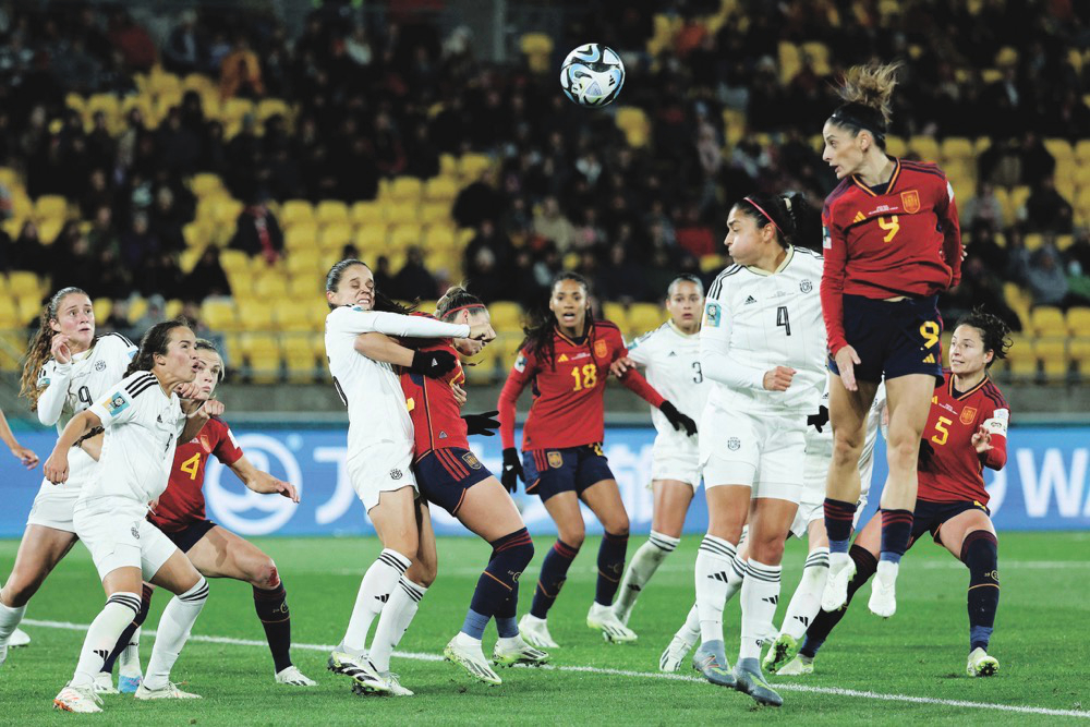 Spain’s forward Esther Gonzalez, right, heads the ball during the Women’s World Cup Group C football match between Spain and Costa Rica at Sky Stadium. (AFP)