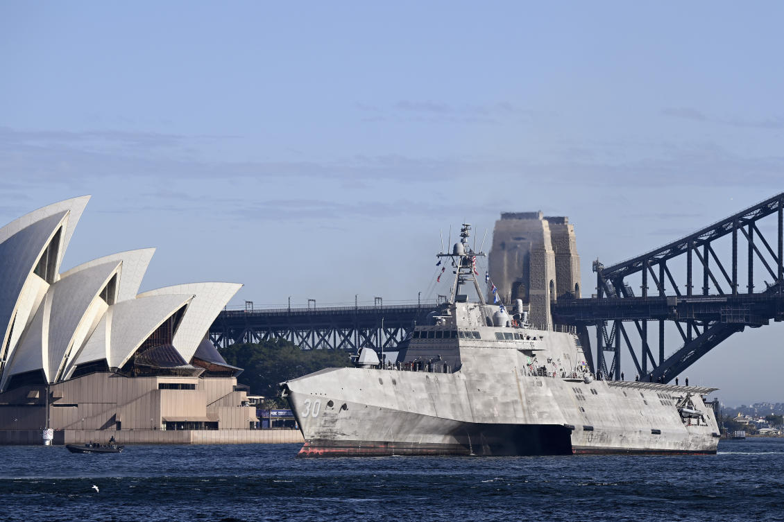 The Independence-class littoral combat ship USS Canberra was commissioned at a ceremony at an Australian naval base on Sydney Harbor, officially joining the US Navy’s active fleet. (AAP Image via AP)
