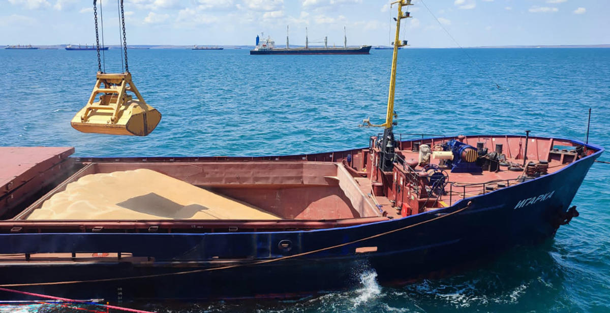Grain is loaded aboard a cargo ship at the Azov Sea Port, Rostov region, on July 22, 2023. (AFP)