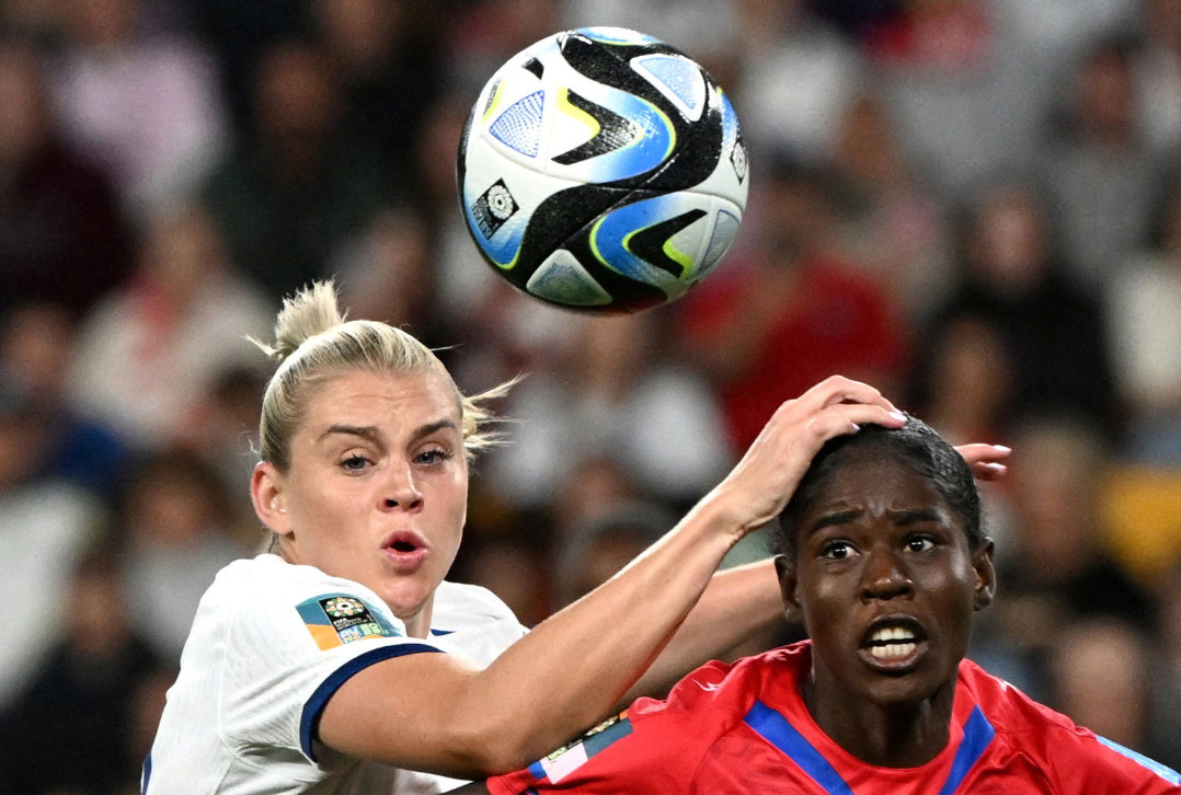 England's Alessia Russo in action with Haiti's Tabita Joseph during the Women's World Cup match between England and Haiti in Brisbane, Australia on July 22, 2023. (Reuters)