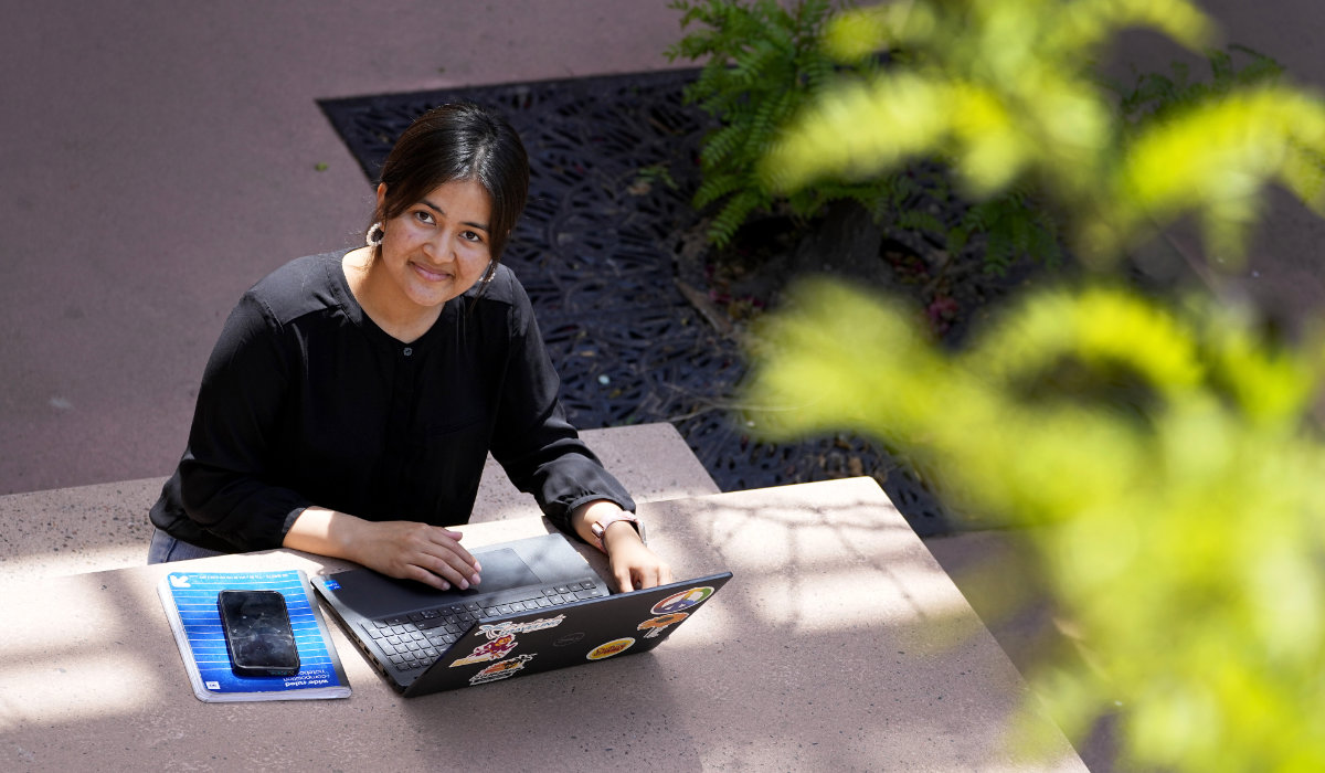 Fahima Sultani does homework on campus at Arizona State University, Friday, April 7, 2023, in Tempe, Ariz. (AP)