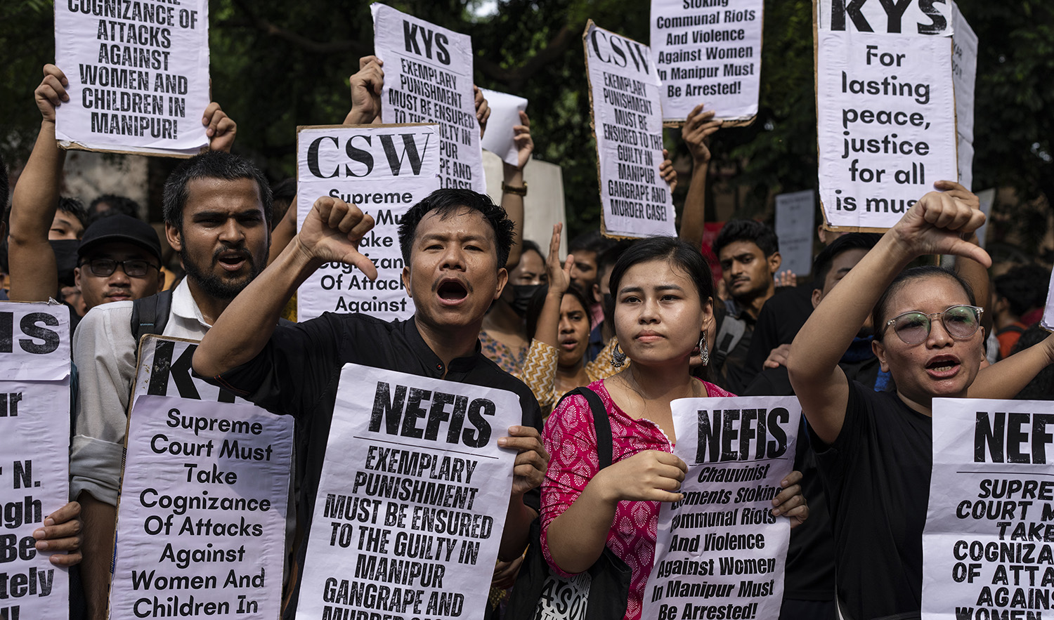 Students and activists shout slogans during a protest demonstration against the violence in the northeastern Indian state of Manipur, in New Delhi, India, on July, 21, 2023. (AP)