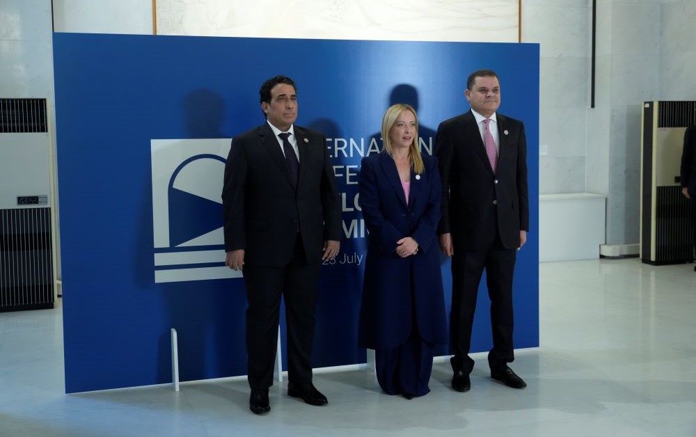Italian PM Giorgia Meloni, center, with President of the Libyan Presidential Council Mohamed Al-Menfi, left, and Libyan PM Abdul Hamid Al-Dbeibeh, Rome, Italy, Sunday, July 23, 2023. (AP Photo)