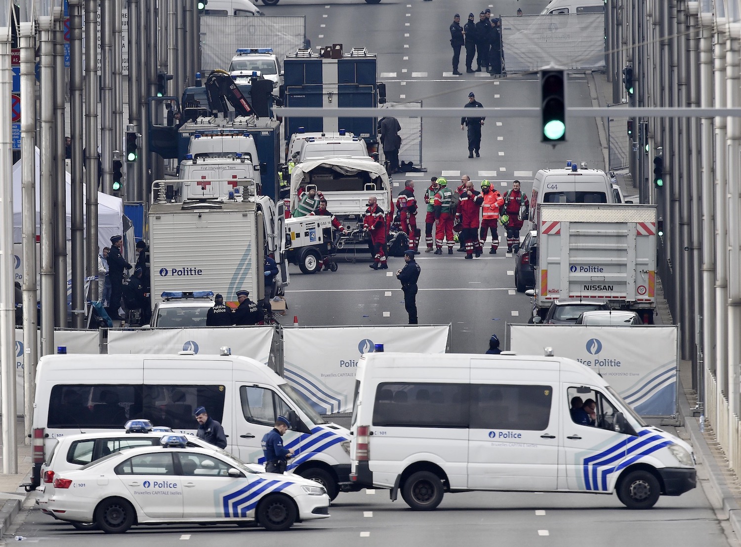 Police and rescue teams are pictured outside the metro station Maelbeek after a terrorist attack in Brussels. (File/AP)
