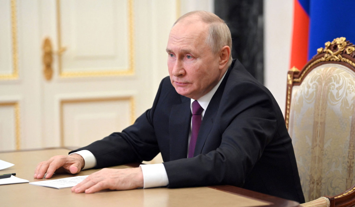 Russian President Vladimir Putin chairs a meeting on economic issues via a video link at the Kremlin in Moscow on July 25, 2023. (AFP)