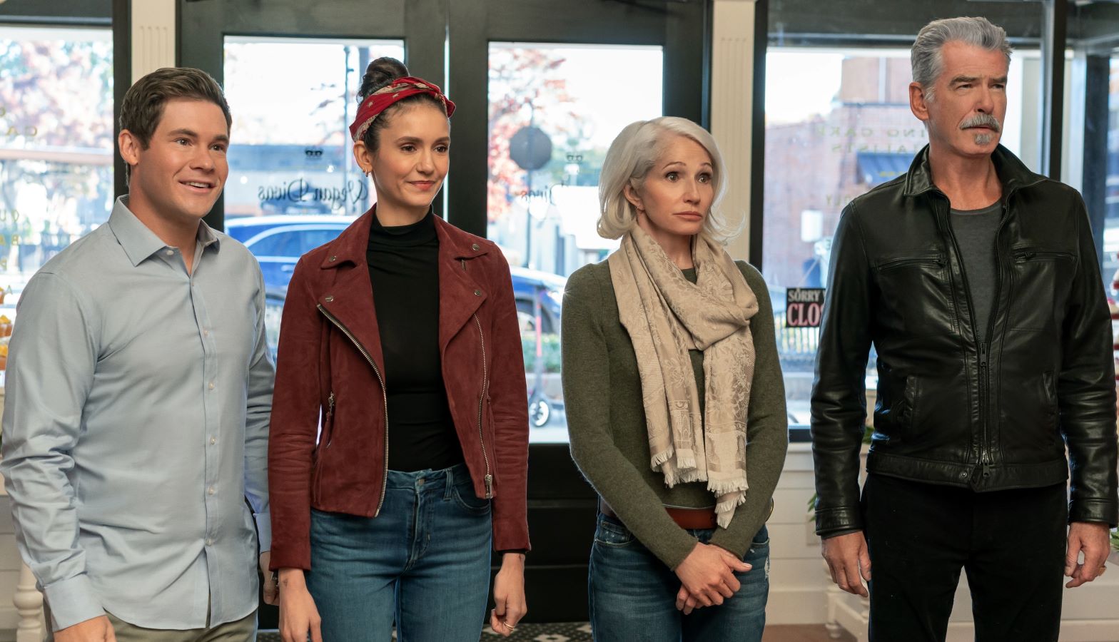 Adam DeVine, Nina Dobrev, Ellen Barkin and Pierce Brosnan in ‘The Out-Laws.’ (Netflix)