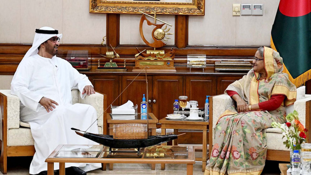UAE Industry and Advanced Technology Minister Dr. Sultan bin Ahmed Al-Jaber meets Bangladeshi Prime Minister Sheikh Hasina in Dhaka on July 20, 2023. (Bangladesh Press Information Department)