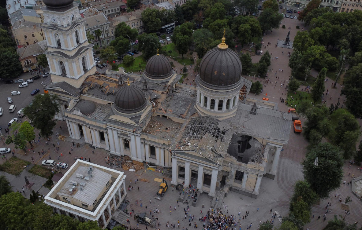 A view shows the Transfiguration Cathedral damaged by Russian missile strike, in Odesa on July 23, 2023. (Reuters)