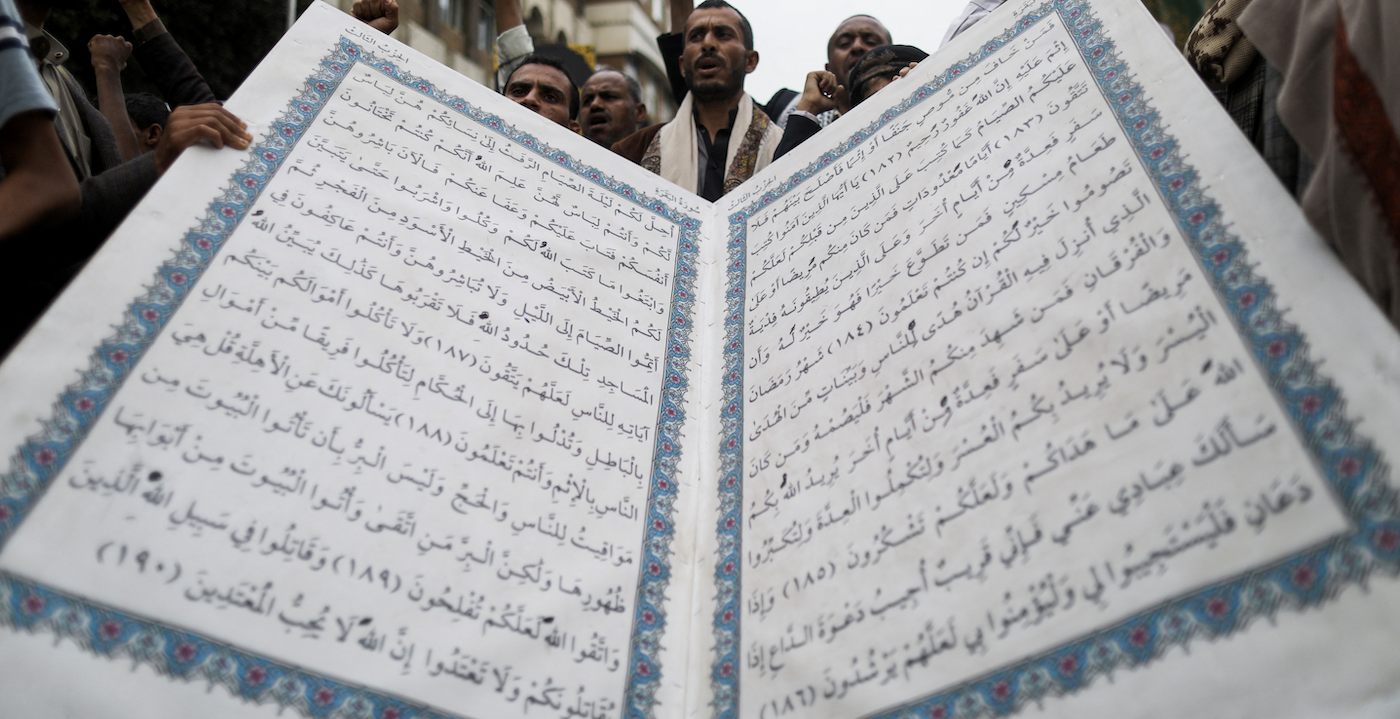 People demonstrate against the desecration of the Qur’an in Denmark, in Yemen on July 24, 2023. (Reuters)