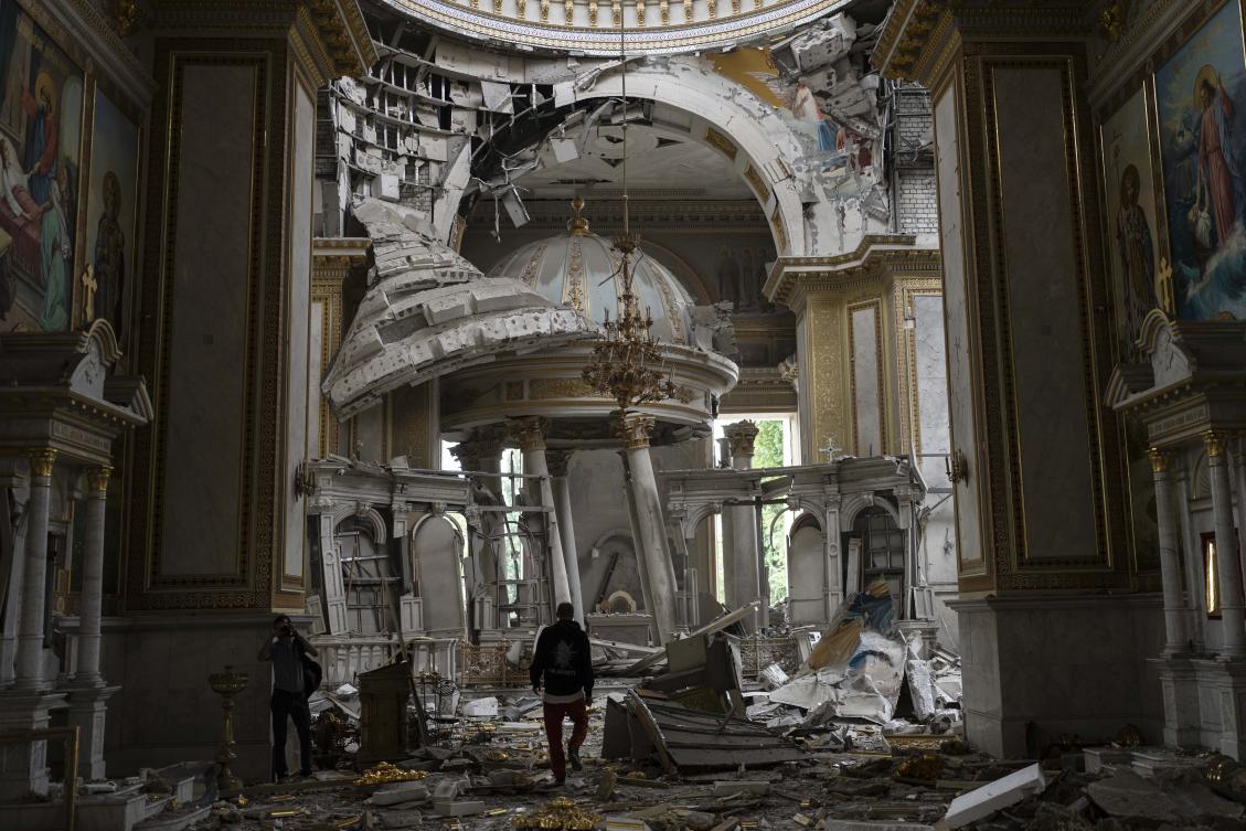 Church personnel inspect damages inside the Odesa Transfiguration Cathedral in Odesa on July 23, 2023, following Russian missile attacks. (AP)