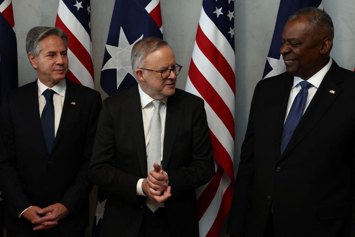 Australian Prime Minister Anthony Albanese, center, with US Secretary of State Antony Blinken, left, and US Secretary of Defense Lloyd Austin on July 28, 2023. (AFP)