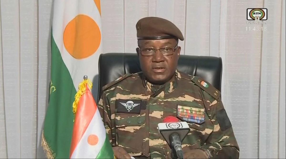 Gen. Abdourahmane Tchiani’s appearance on Nigerien state television seemed to be an effort to show he was in charge, though the situation was still in flux. (TeLe Sahel/AFP)