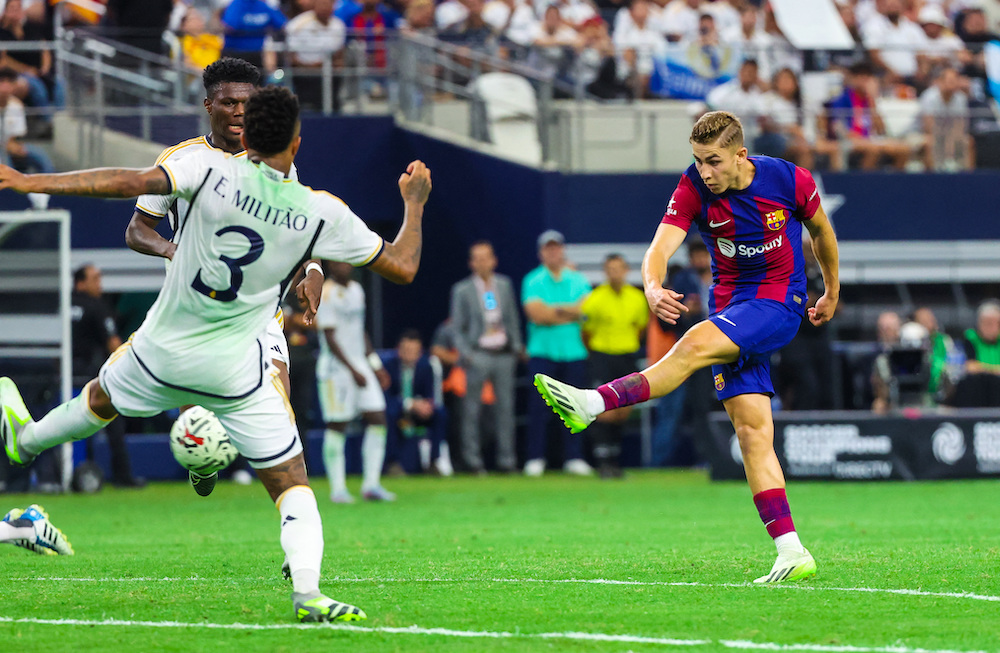 FC Barcelona midfielder Fermin Lopez scores a goal during the second half against Real Madrid at AT&T Stadium on Saturday. (USA TODAY Sports)