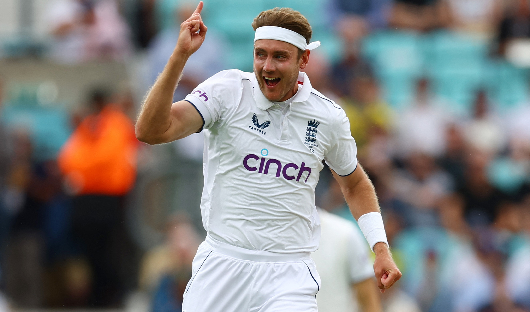 England's Stuart Broad celebrates after taking the wicket of Australia's Usman Khawaja during the fifth Test between England v Australia in London, Britain, on July 28, 2023. (REUTERS)