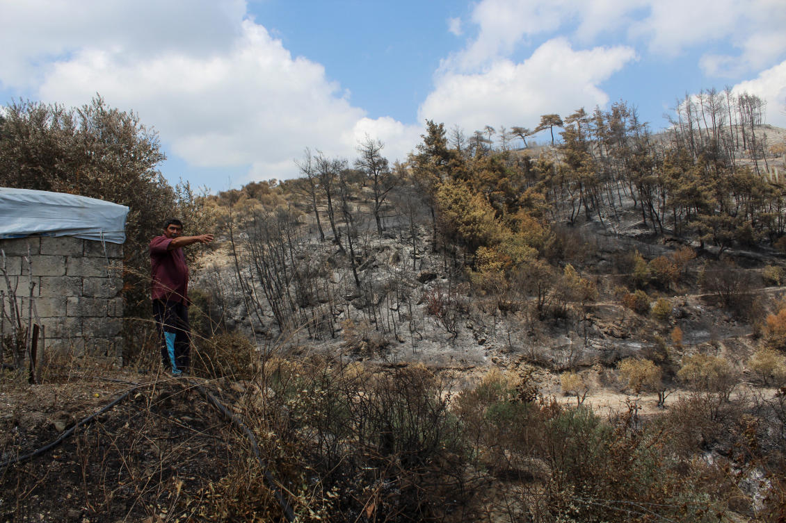 Izzadin Zuhaira, a 72-year-old Syrian farmer who said his house had already been damaged by years of war, then was further cracked by the February earthquake, and now ravaged along his orchard by wildfires, gestures towards burnt trees, following wildfires in the northern countryside of Latakia, Syria July 29, 2023. (Reuters)