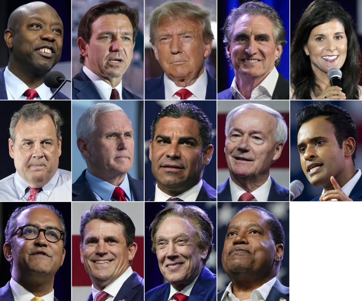 This combination of photos shows Republican presidential candidates, top row from left, Sen. Tim Scott, R-S.C., Florida Gov. Ron DeSantis, former president Donald Trump, North Dakota Gov. Doug Burgum and former S. Carolina Gov. Nikki Haley, center row from left, former New Jersey Gov. Chris Christie, former VP Mike Pence, Miami Mayor Francis Suarez, former Arkansas Gov. Asa Hutchinson and Vivek Ramaswamy and bottom row from left, former Texas Rep. Will Hurd, Ryan Binkley, Perry Johnson and Larry Elder. (AP)