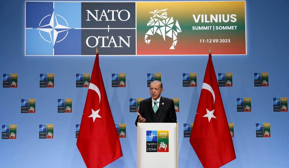 Turkey's President Recep Tayyip Erdogan gives a press conference during the NATO Summit in Vilnius on July 12, 2023. (AFP)