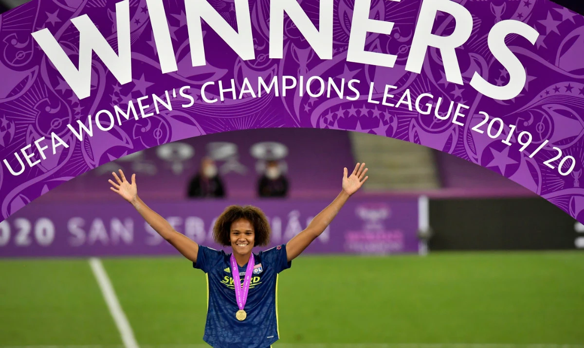Lyon's team captain Wendie Renard after winning the Women's Champions League final against Wolfsburg on Aug. 30, 2020. The Women's World Cup, co-hosted by New Zealand, kicks off on July 20, which is also when Renard turns 33. (File/AP)