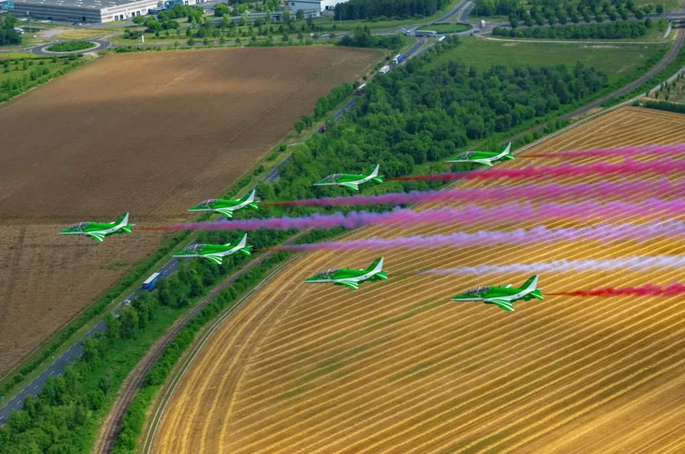 Saudi Arabia’s Falcons Aerobatic Team has arrived in the UK to participate in the Royal International Air Tattoo 2023 exhibition. (SPA)